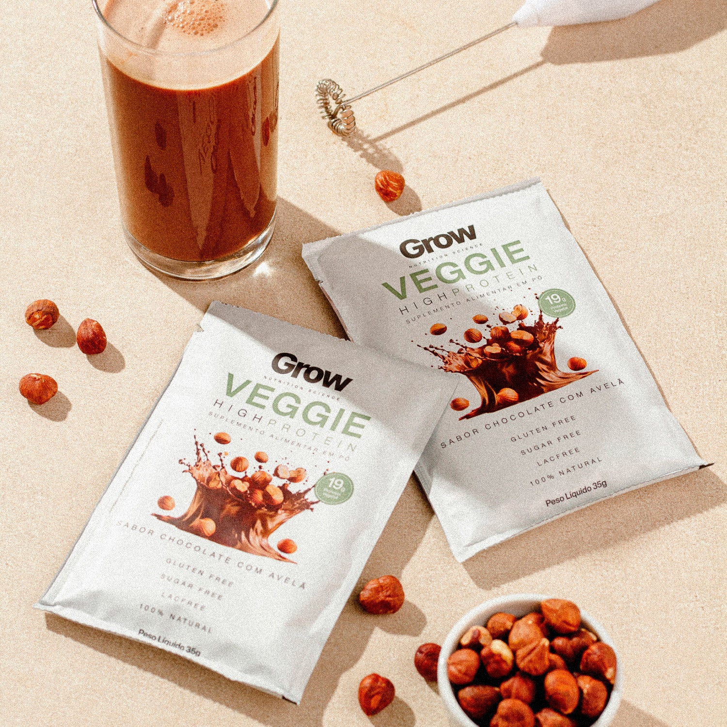 Kit 30 Sachês Grow Veggie High Protein Sabor Chocolate com Avelã