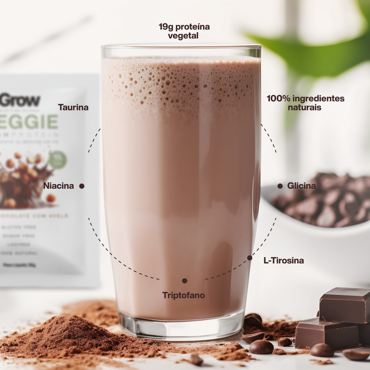 Kit 30 Sachês Grow Veggie High Protein Sabor Chocolate com Avelã