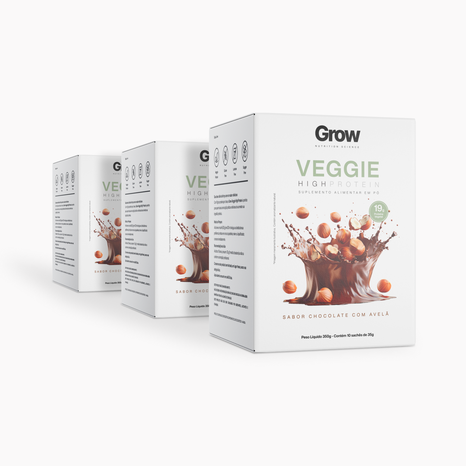 Kit 30 Sachês Grow Veggie High Protein Sabor Chocolate com Avelã